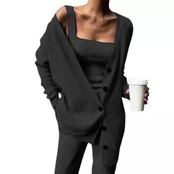 Зима 1 комплект жилет пальто плюс размер брюки комплект однотонный теплый осенний цвет вязаный трехсекционный однобортный кардиган свитер брюки жилет одежда 3XL кофейный