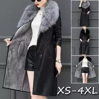 Зима 2019, новая женская кожаная куртка плюс, бархатная теплая тонкая длинная кожаная куртка с большим меховым воротником, женская верхняя одежда XS-4XL M коричневый