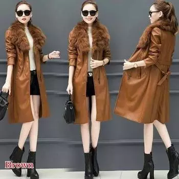 Зима 2019, новая женская кожаная куртка плюс, бархатная теплая тонкая длинная кожаная куртка с большим меховым воротником, женская верхняя одежда XS-4XL M коричневый