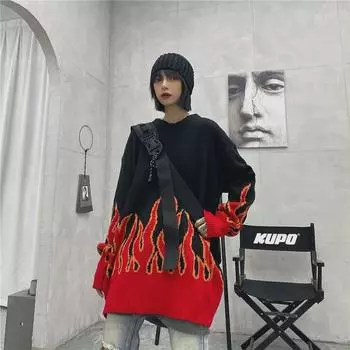 Зима 2022 Ретро Корейский Пламя Принт Свободный Пуловер Свитер Large белый