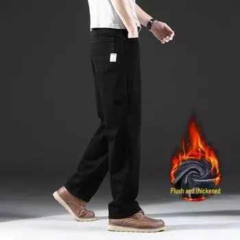 Зима 2023 г. Мужские повседневные прямые эластичные джинсы с бархатной подкладкой 42, 703-2 синий/чёрный