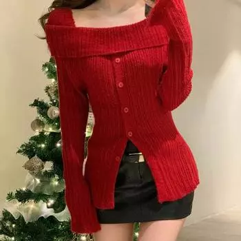 Зима 2023, красный повседневный вязаный свитер, женский тонкий корейский стиль, элегантные топы, офисные женские модные пуловеры с длинными рукавами, дизайн S красный