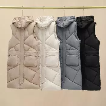 Зима 2023, новая модель средней длины, тонкий большой утепленный пуховик с капюшоном, жилет, женский L чёрный