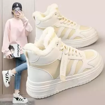 Зима 2023, новые бархатные туфли с высоким берцем в корейском стиле, студентки, теплая обувь для отдыха с поднятой подошвой 35 хаки