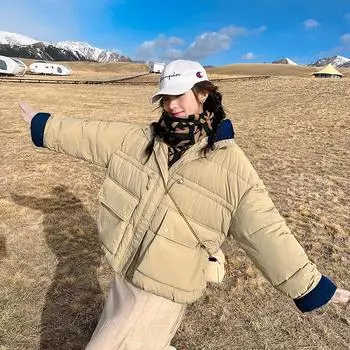 Зима 2023: новый пуховик больших размеров с воротником-стойкой, ленивая и свободная утолщенная куртка M