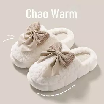 Зима 2023 Женские хлопковые тапочки с бантом: Теплые, нескользящие, меховые тапочки для дома на толстой подошве 38-39 fits 37-38