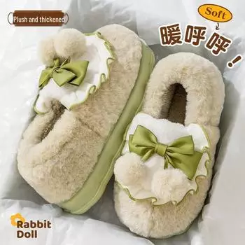 Зима 2024 г. Домашние тапочки из хлопка с бантом: Противоскользящие, бархатистые, с густым мехом для мужчин и женщин 38-39 fits 37-38