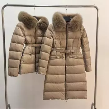 Зима 2024 г. Утолщенная талия 90 см, белый утиный пух, длинный лисий меховой воротник, женский пуховик S чёрный