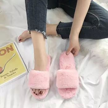 Зима 2024 г. Женские модные теплые и пушистые тапочки, удобные тапочки из искусственного меха для дома, плюшевые тапочки на плоской подошве, мягкие тапочки 36 розовый