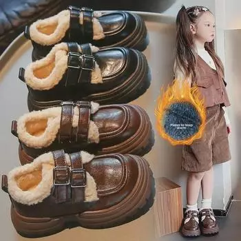 Зима 2024 года. Модная детская кожаная обувь: Теплые, на толстой подошве, с бархатом и хлопковым носком для мальчиков и девочек Sizes 26-30, order 5 pairs чёрный