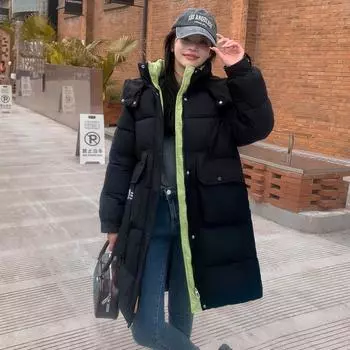 Зима 2024 года, новая мода, свободная съемная шапка, хлопковая одежда, женское среднее и длинное утолщенное теплое хлопковое пальто S [Recommended 90-55kg] чёрный