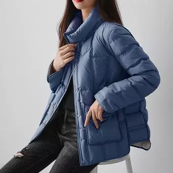 Зима 2024 года, новая одежда из хлеба, модная повседневная белая утиная пуховая короткая куртка с воротником-стойкой для женщин S