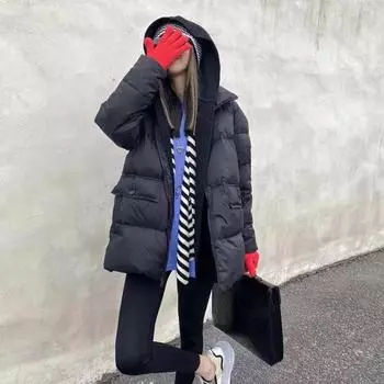 Зима 2024 года, новая съемная вязаная шапка, искусственный двухкомпонентный пуховик, женская корейская версия, свободная белая пуховая куртка из утиного пуха S чёрный