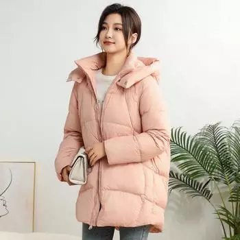 Зима 2024 года, новая женская куртка-пуховик средней и длинной длины, повседневная, свободная, утолщенная 90% белая куртка с капюшоном на утином пуху M розовый
