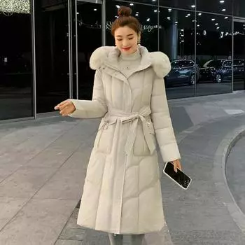 Зима 2024 года, новая женская куртка с хлопковой подкладкой в корейском стиле, облегающая, выше колена, длинная, утолщенная, теплая, с большим меховым воротником L