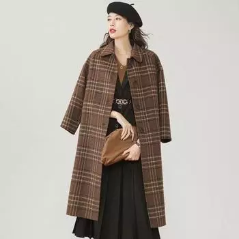 Зима 2024 года, новое пальто в клетку с лацканами, двухстороннее, в стиле ретро, средней и длинной длины, женственность M