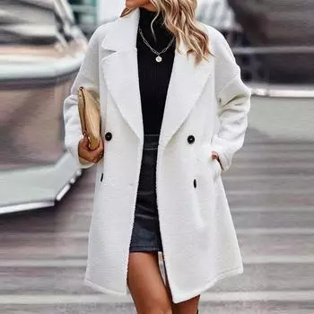 Зима 2024 года, новое женское пальто из искусственного меха, модное, темпераментное, длинное, плюшевое пальто с лацканами M белый