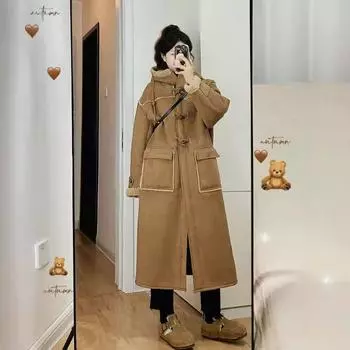 Зима 2024 года, новое женское замшевое пальто из овечьей шерсти с капюшоном, удлиненное пальто с утолщенной роговой пряжкой S 85-55kg