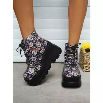 Зима 2024 года. Новые женские готические ботильоны на платформе. Модные туфли на танкетке со шнуровкой и высоким каблуком. Женские ботинки. Уличная мода. Женская обувь. 36