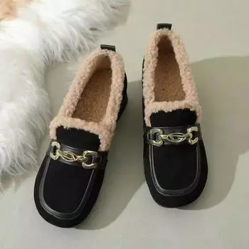 Зима 2024 года, новые женские туфли Doudou на низком каблуке с одной педалью, пушистой подошвой и бархатным термобельем 35