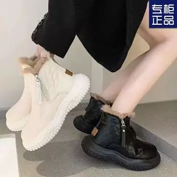 Зима 2024 года, новые женские туфли на толстой подошве из бархата с утолщенным мехом, зимние ботинки, женские короткие термоботинки из хлопка 35 чёрный