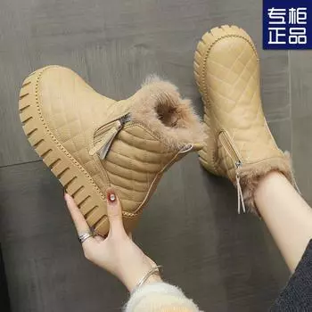 Зима 2024 года, новые зимние сапоги на толстой подошве из бархата и утолщенного хлопка, женские короткие сапоги с меховым покрытием, теплая женская обувь из хлопка 35 чёрный