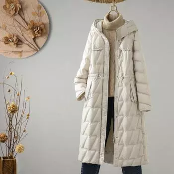 Зима 2024 года, новый белый пуховик с капюшоном, женская одежда, средняя и длинная, выше колена, свободное теплое и тонкое пальто S кофейный