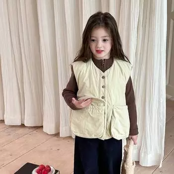 Зима 2024 года, новый детский повседневный хлопковый теплый жилет в корейском стиле с карманами 100 абрикосовый