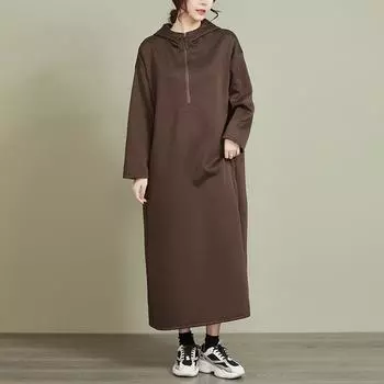 Зима 2024 года, новый флисовый свитер с круглым вырезом, женский, с одной молнией, длинный, с капюшоном, женское длинное платье XL чёрный