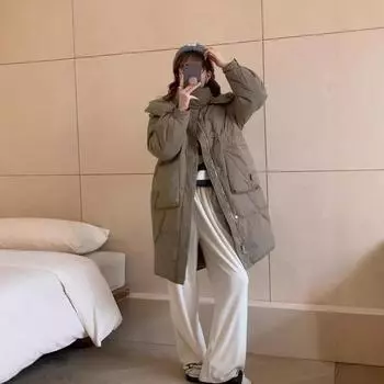 Зима 2024 года, новый пуховик женский, средний и длинный, выше колена, с капюшоном, утолщенный, свободный, с большим карманом, белый пуховик на утином пуху прилив S