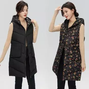 Зима 2024 года, новый средний и длинный хлопковый жилет без рукавов, утолщенный жилет с капюшоном, куртка, хлопковый жилет для женщин M хаки