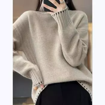 Зима 2024 года, новый свитер с высоким воротом, женский, однотонный, свободный, корейская версия, ленивый, ветрозащитный, трикотажный, нижняя часть рубашки One Size верблюд