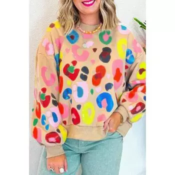 Зима 2024 года, новый свободный универсальный свитер с круглым вырезом и леопардовым принтом для женщин S хаки