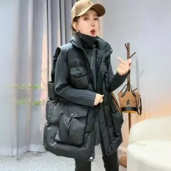 Зима 2024 года, новый утолщенный универсальный пуховый хлопковый жилет, женский свободный большой размер, теплый жилет, жилет, жилет, жилет, куртка M recommends 85-52.5 kg чёрный