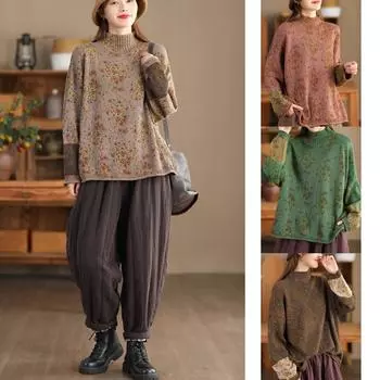 Зима 2024 года, новый вязаный свитер с принтом, закрученный топ с длинными рукавами, женский пуловер из хлопковой нити, полуводолазка One Size хаки