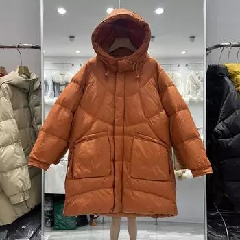 Зима 2024 года, новый женский пуховик европейского свободного покроя с капюшоном, большого размера, утолщенный белый утиный пух, среднее и длинное повседневное пальто M оранжевый