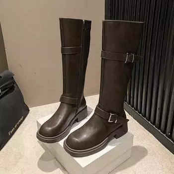 Зима 2024 года, высококачественные новые женские туфли с круглым носком, длиной до колена, кожаные с боковой молнией, женские сапоги для активного отдыха Botines De Mujer 35 чёрный