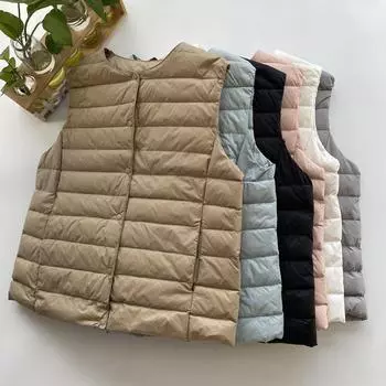 Зима 2024 года, женский легкий и теплый удобный жилет из белого утиного пуха, жилет двойного назначения с круглым вырезом, жилет, подкладка под плечи M