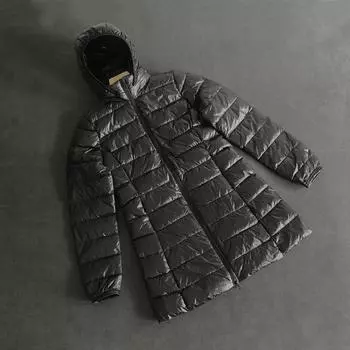 Зима 2024 года, женский средний и длинный легкий пуховик, шапка снимается, пальто большого размера S чёрный