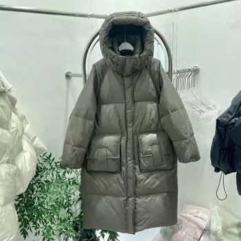 Зима 2024 новый пуховик женский длинный выше колена с капюшоном утолщенный свободный большой карман белый утиный пуховик прилив One size
