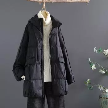 Зима 2024 свободная утепленная куртка большого размера средней и длинной длины с капюшоном на белом утином пуху женская прилив One Size