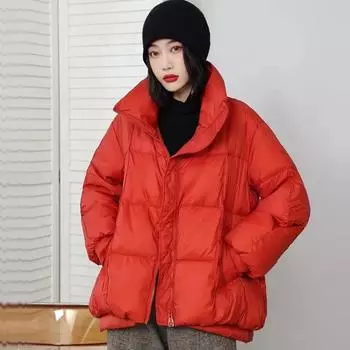 Зима 2024 Зимняя новая женская свободная куртка большого размера с воротником-стойкой из белой утиной пуховики, маленькая куртка-пуховик One size жёлтый