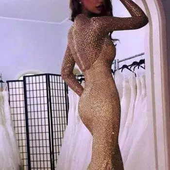 Зима 2025 года, новое женское длинное платье с длинным рукавом, облегающее платье с золотистым эффектом, платье-рыбий хвост S абрикосовый