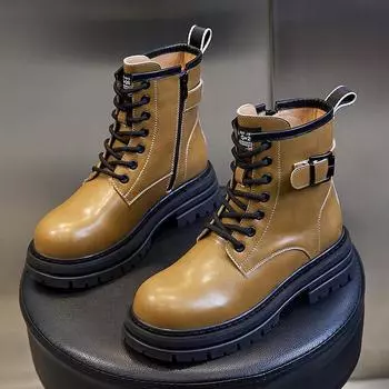 Зима 2025 Новые британские ботинки Мартина Женские Толстый каблук Платформа Повседневные Короткие ботинки Женские Средние кожаные ботинки Женские 35