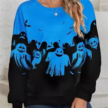 Зима Хэллоуин Призрак летучая мышь толстовки с круглым вырезом Женская толстовка с мультяшным принтом Повседневный свободный пуловер Топ M белый