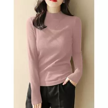 Зима Новое поступление Темно-серый Длинные рукава Трикотаж Стройнящий Облегающий Внутренний Базовый Топ Шерстяной Свитер с воротником-стойкой Женский Girl powder L