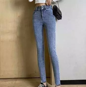 Зима-Осень, бархатные повседневные эластичные женские брюки-карандаш с высокой талией, джинсы, джинсовые укороченные брюки, большие размеры 26 серый/синий