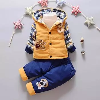 Зима Осень Дети Утепленные Комплекты Мальчиков Плюс Бархатные Колготки Пальто Штаны Двухсекционный Хлопок Детская Детская Одежда 100cm красный