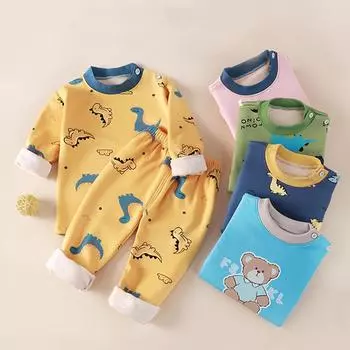 Зима осень Детские пижамы Комплекты одежды для мальчиков и девочек Мультяшный бархат Топы+брюки 2 шт./комплект Детская одежда костюм Пижамы 70cm