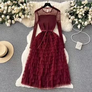 Зима Осень Элегантное Женское Кружевное Сетчатое Ажурное Лоскутное Платье Повседневное Женское Платье А-силуэта С Оборками Вечернее Платье-Торт One Size чёрный